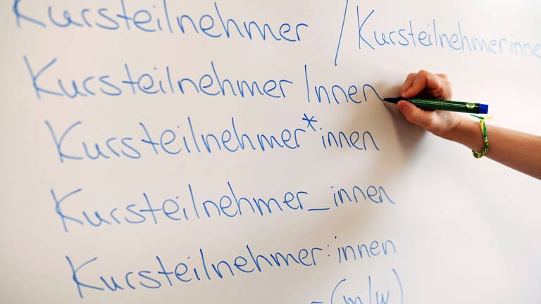 An einem Whiteboard steht das Wort Kursteilnehmer in verschiedenen Gender-Schreibweisen. (Foto: dpa Bildfunk, picture alliance/dpa | Uli Deck)