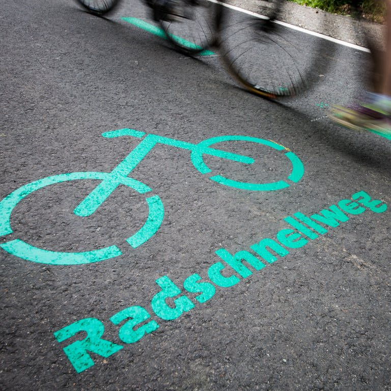 Radfahrer fahren auf dem Radschnellweg zwischen BöblingenSindelfingen und Stuttgart an einer Aufschrift auf dem Asphalt vorbei. (Archivbild) (Foto: dpa Bildfunk, picture alliance/dpa | Christoph Schmidt)