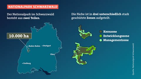 Der Nationalpark Schwarzwald auf einer Baden-Württemberg-Karte und auf einer zweiten Karte vergrößert. (Foto: Pressestelle, Nationalpark Schwarzwald / Montage: SWR)