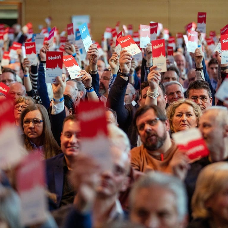 Parteimitglieder der AfD-Baden-Württemberg stimmen während des Landesparteitags in der Stadthalle überwiegend mit ihren "Nein!"-Stimmzetteln ab. 