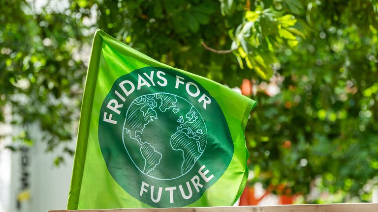 Symbolbild: Eine Flagge mit der Aufschrift "Fridays for Future" hängt in Freiburg vor dem Neuen Rathaus. 