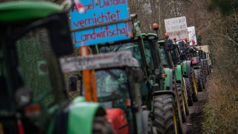 Am Rande des Besuchs von Bundeskanzler Scholz, demonstrieren Landwirte aus der Region gegen die aktuelle Bundesregierung. Dafür wurden die Traktoren der Landwirte in ein Waldstück geleitet. (Foto: dpa Bildfunk, picture alliance/dpa | Christoph Schmidt)