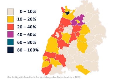 Die Karte zeigt den Anteil der Glasfaseranschlüsse bis zum Haus in den einzelnen Stadt- und Landkreisen in Baden-Württemberg, Stand Juni 2023. (Foto: SWR)