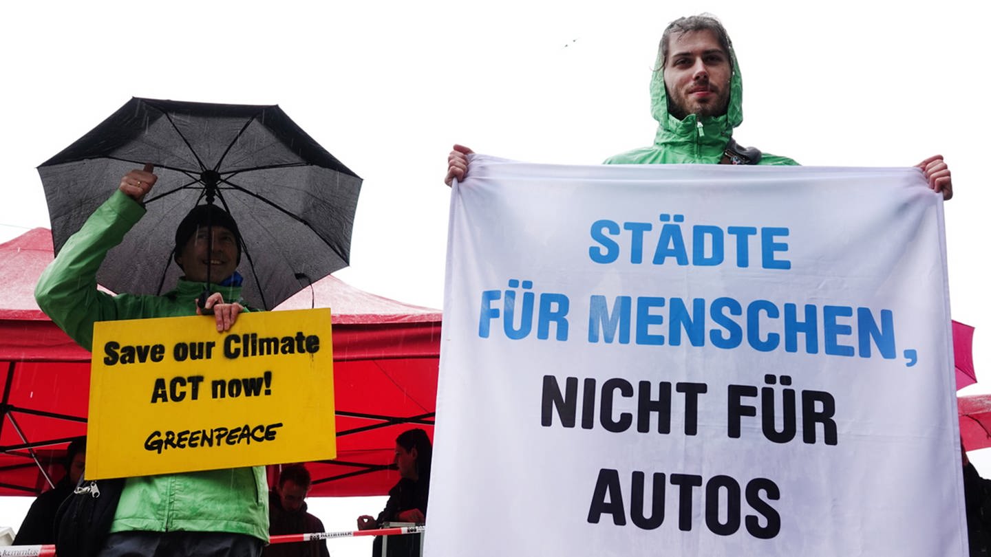 Zwei Demonstranten von Fridays For Future tragen Regenkleidung und halten Schilder und einen Regenschirm in der Hand. (Foto: dpa Bildfunk, picture alliance/dpa | Anna Ross)