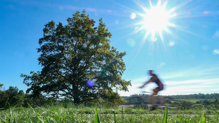 Bei strahlendem Sonnenschein und blauem Himmel fährt ein Radfahrer durch einen Park bei Stuttgart 