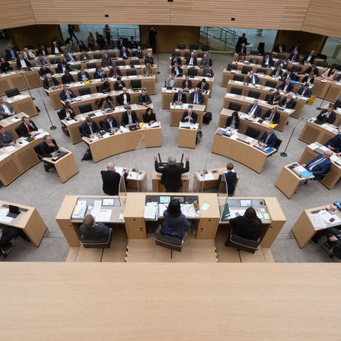 Landtagsabgeaordnete nehmen an einer Plenarsitzung im Landtag von Baden-Württemberg teil. 
