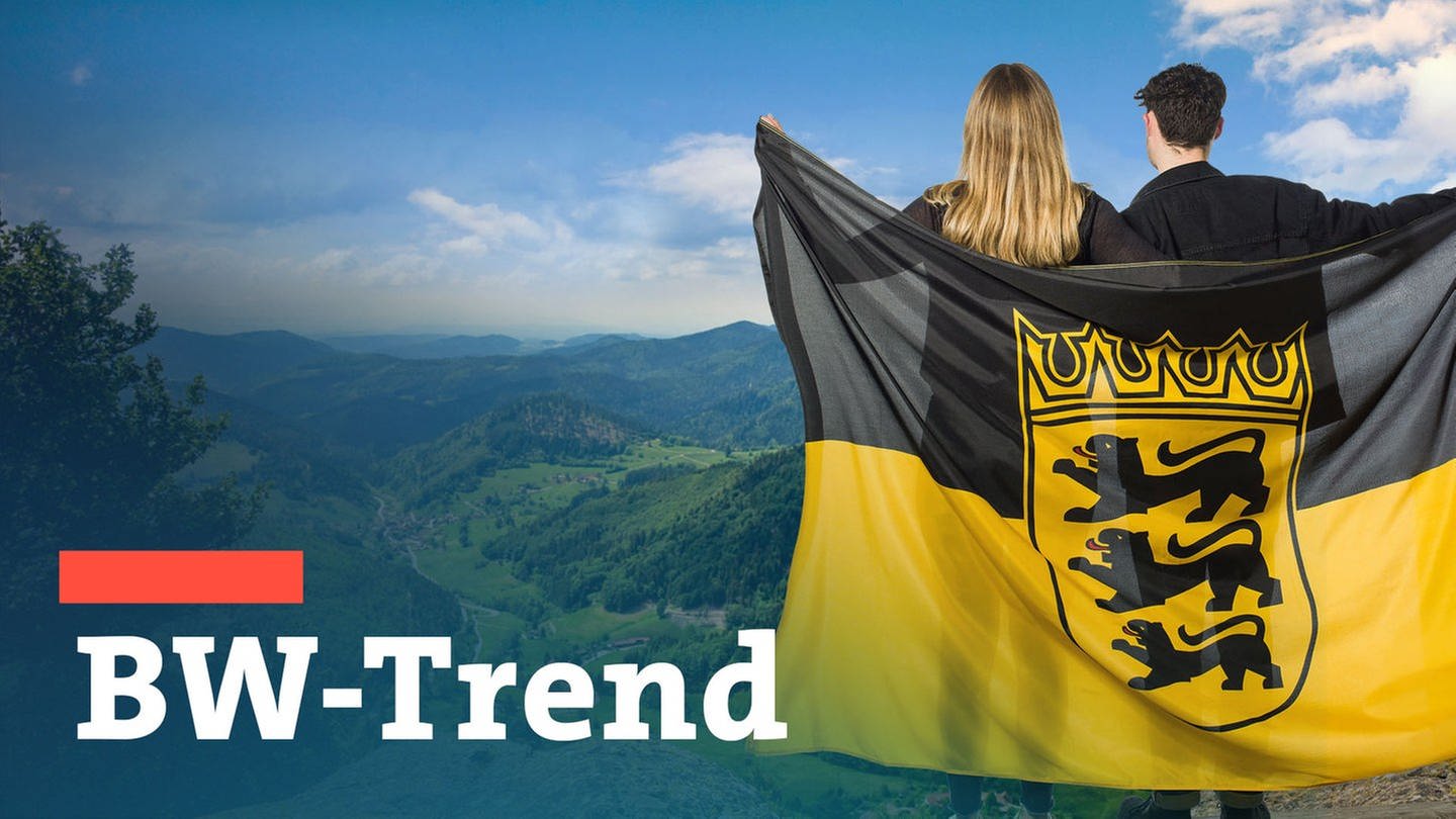 Zwei junge Menschen halten einen Baden-Württemberg-Fahne und blicken auf das Land sowie Schriftzug BW-Trend, die Umfrage anlässlich 70 Jahre BW.