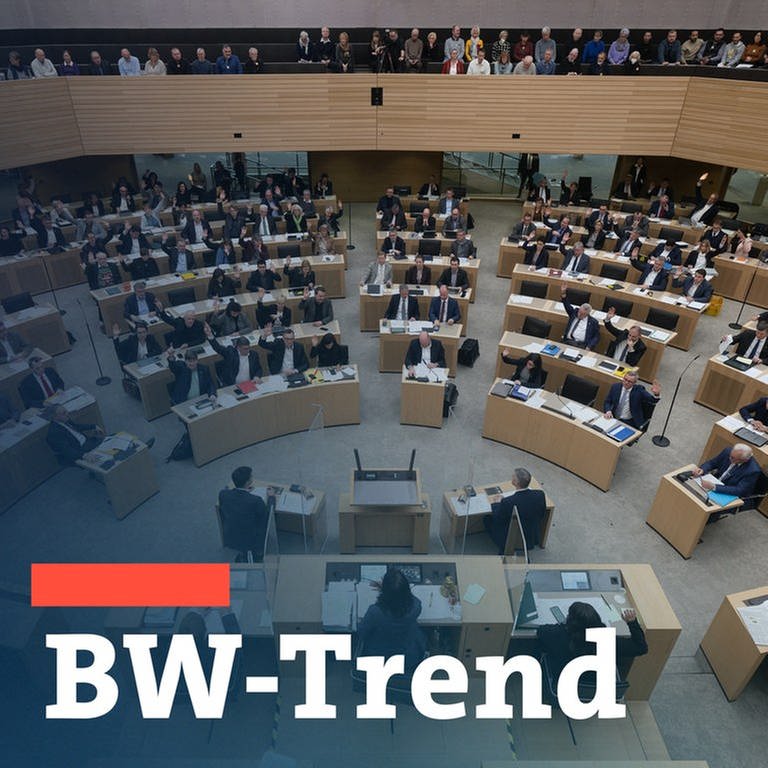 Blick in den Plenarsaal des Landtags in Stuttgart. Teaserbild mit Schriftzug "BW-Trend" als Symbolbild für die landespolitische Umfrage.  (Foto: dpa Bildfunk, picture alliance/dpa | Marijan Murat)