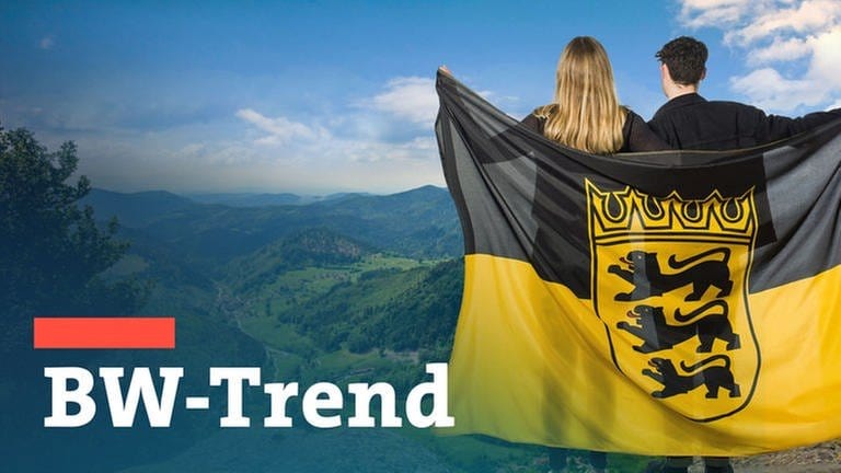Zwei junge Menschen halten einen Baden-Württemberg-Fahne und blicken auf das Land sowie Schriftzug BW-Trend, die Umfrage anlässlich 70 Jahre BW. (Foto: Getty Images, SWR, Getty Images, SWR)