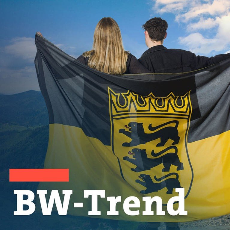 Zwei junge Menschen halten einen Baden-Württemberg-Fahne und blicken auf das Land sowie Schriftzug BW-Trend, die Umfrage anlässlich 70 Jahre BW. (Foto: Getty Images, SWR, Getty Images, SWR)
