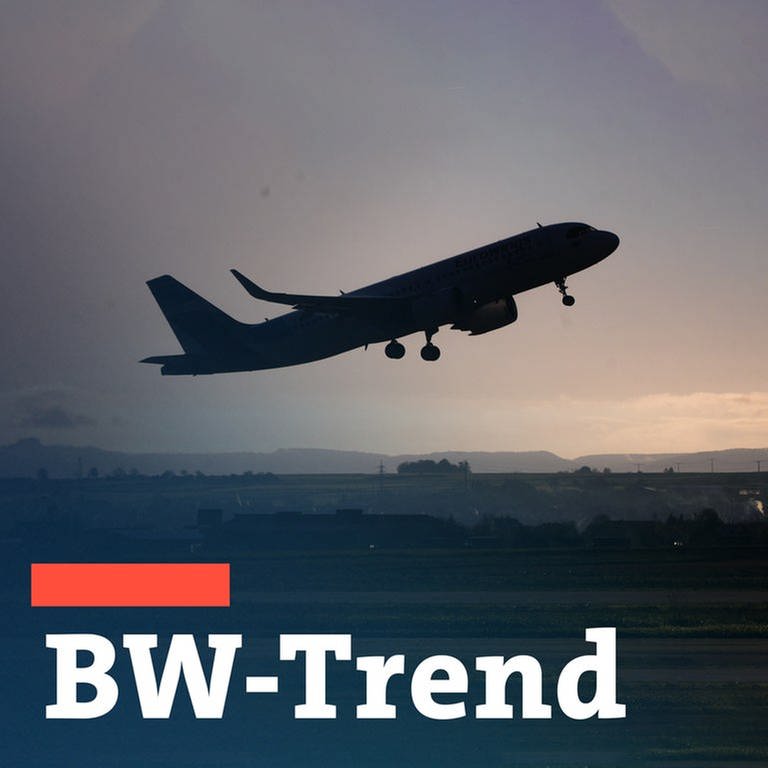 Flugzeugt startet am frühen Morgen am Flughafen Stuttgart. Teaserbild mit Schriftzug "BW-Trend" als Symbolbild für die landespolitische Umfrage. 