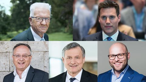 oben: Winfried Kretschmann (Grüne), Manuel Hagel (CDU), unten: Andreas Stoch (SPD), Hans-Ulrich Rülke (FDP), Markus Frohnmaier (AfD)