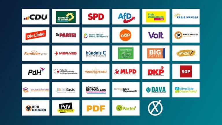 Logos der Parteien und politischen Vereinigungen die 2024 für die Europawahl auf dem Stimmzettel stehen