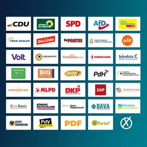 Logos der Parteien und politischen Vereinigungen die 2024 für die Europawahl auf dem Stimmzettel stehen