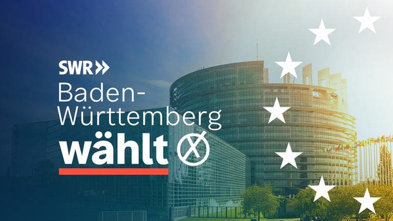 Europawahl 2024 in Baden-Württemberg: Symbolbild Europaparlament mit Schriftzug "Baden-Württemberg wählt" und Wahlkreuz