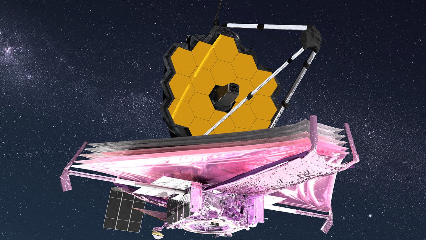 Animation des James-Webb-Weltraumteleskops im komplett entfalteten Zustand.
