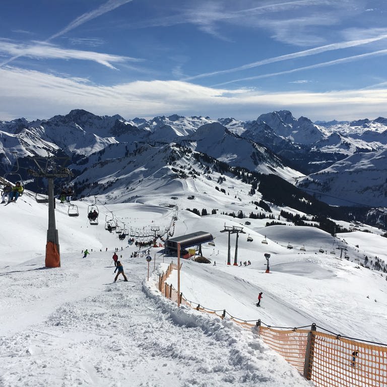 Skifahrer fahren im Skigebiet Damüls den Berg hinunter. Im Hintergrund sind schöne beschneite, weiße Berggipfel zu sehen. (Foto: SWR, Frederike Roser)