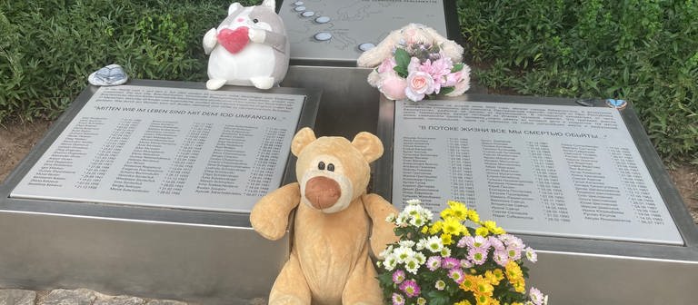 Kuscheltiere liegen bei Gedenkstätte an den Flugzeugabsturz nahe Überlingen. (Foto: SWR, Thomas Wagner)