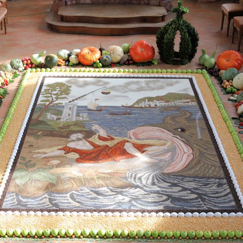 Ein bunter Teppich aus Samen und Körnern liegt auf dem Boden des Altarraumes in der Kirche von Otterswang (Foto: SWR, Johannes Riedel)