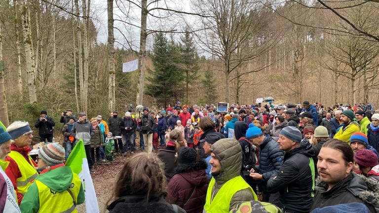 Demonstranten im Altdorfer Wald protestieren gegen Kiesabbau. (Foto: SWR, Theresia Blömer)
