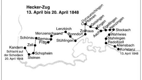 Die Route des historischen Hecker-Zuges. (Foto: Pressestelle, Landeszentrale für politische Bildung Baden-Württemberg)