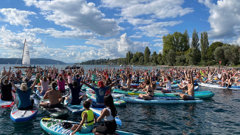 SUP-Yoga-Weltrekord beim Yogafestival 2022 in Überlingen am Bodensee. (Foto: SWR, Corinna Scheller)