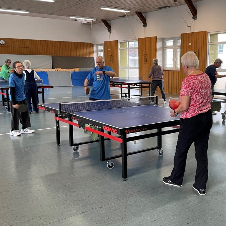 Parkinson-Patienten spielen in einer Turnhalle zu zweit oder zu dritt Tischtennis (Foto: SWR, Esther Leuffen)