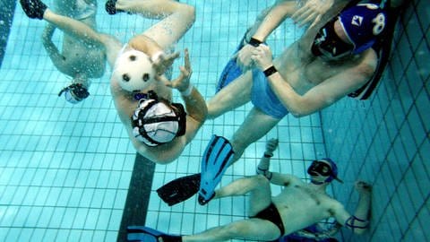 Mehrere Sportler in Badehosen, mit Badekappe, Tauchmaske, Schnorchel und Flossen sind unter Wasser. Sie versuchen nach einem Ball zu greifen. (Foto: picture-alliance / Reportdienste, Picture Alliance)