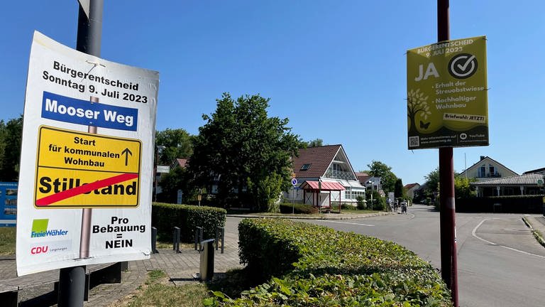 Plakate für den Bürgerentscheid in Langenargen hängen im Ort