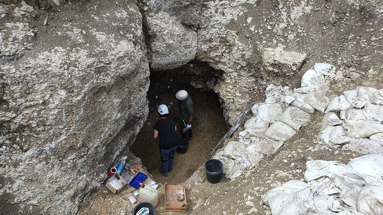 Noch ist der Höhlen-Eingang durch eine dicke Erdschicht verschlossen. Im kommenden Jahr wollen die Archäologinnen und Archäologen in die Höhle vordringen. (Foto: SWR, Fiehler)