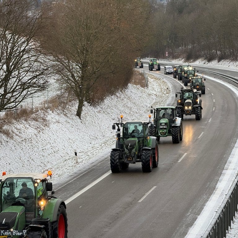 Landwirtinnen und Landwirte fahren in einem Traktorkonvoi auf der B30 von Biberach nach Laupheim zu einer Kundgebung. 