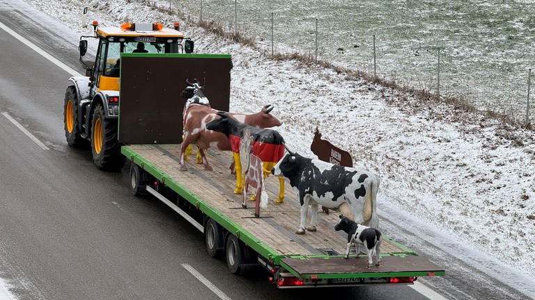 Landwirtinnen und Landwirte fahren in einem Traktorkonvoi auf der B30 von Biberach nach Laupheim zu einer Kundgebung. 