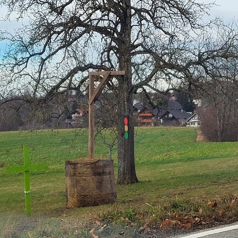 Holzgalgen mit hängender Ampel in Illmensee