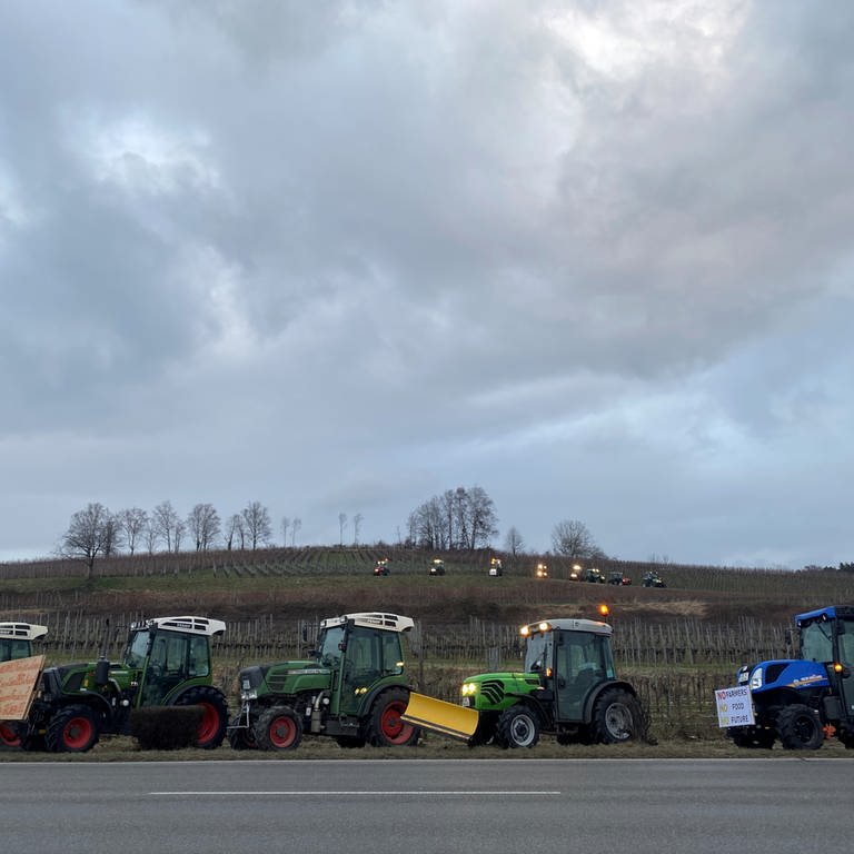 In Hagnau protestieren die Landwirte mit ihren Traktoren