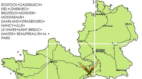 Routen der Fackel für deutsch-französische Freundschaft von Berlin nach Paris