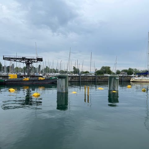 Die Bergeplattform liegt im Hafen von Romanshorn - unter Wasser. Zu sehen sind nur die beiden aus dem Wasser ragenden Tanks und gelbe Bojen als Markierung.