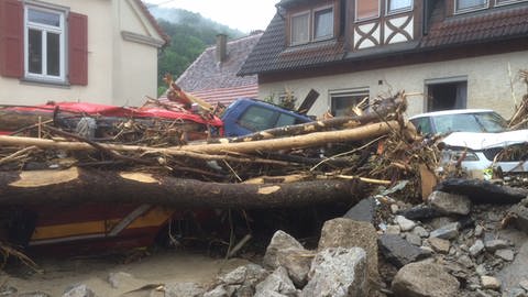 Nach der Flutkatastrophe in Braunsbach waren Gegenstände und Autos unter Schlamm und Geröll vergraben (Foto: SWR)