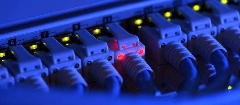 ILLUSTRATION - Ein Netzwerk-Kabelstecker leuchtet in der Netzwerkzentrale einer Firma zu Kontrollzwecken rot. (Foto: dpa Bildfunk, picture alliance/dpa | Felix Kästle)