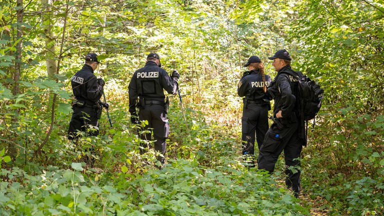 Polizisten durchsuchen ein Waldstück bei Ingolstadt nach Spuren und Gegenständen, in dessen Nähe am 17. August 2022 eine tote Frau aus dem Kreis Heilbronn in einem PKW entdeckt wurde. (Foto: picture-alliance / Reportdienste, Peter Kneffel)