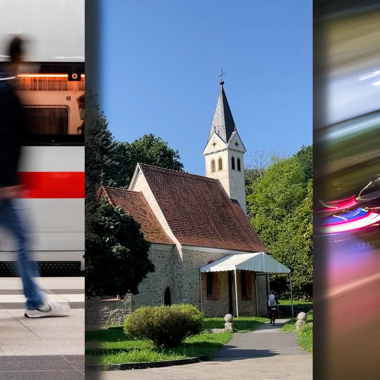 Bildkollage Wochenrückblick Bahn, Kirche Mulfingen, Autorennen (Foto: dpa Bildfunk, SWR, picture alliance/dpa | Christoph Soeder(ICE) | Frank Rumpenhorst (Auto); SWR (Kirche))