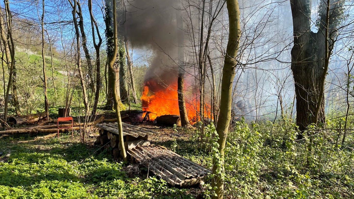 Wohnwagen in einem Waldstück brennt (Foto: Pressestelle, Feuerwehr Heilbronn)
