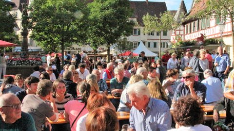 Besucher des Hohenloher Weindorfs sitzen auf Bierbänken auf dem Öhringer Marktplatz