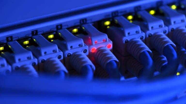 ILLUSTRATION - Ein Netzwerk-Kabelstecker leuchtet in der Netzwerkzentrale einer Firma zu Kontrollzwecken rot.
