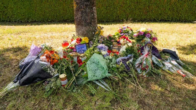 Blumen, Kerzen und Bilder liegen an einem Baum, in dessen Nähe am 17.August 2022 eine 23-Jährige aus dem Kreis Heilbronn tot in einem Auto entdeckt wurde. (Foto: picture-alliance / Reportdienste, Peter Kneffel)