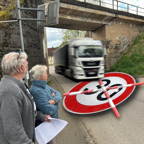 Bildmontage. Rot am See. Straße mit LKW und durchgestrichenem Tempo-30-Schild.  (Foto: SWR)