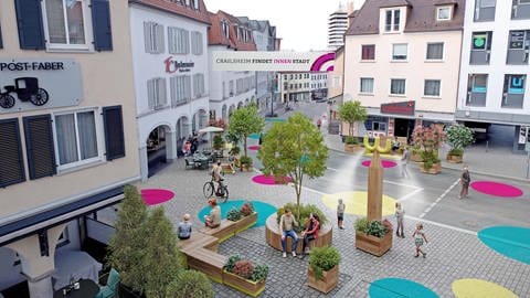 So oder so ähnlich könnte die "temporäre Fußgängerzone" in Crailsheim (Kreis Schwäbisch Hall) aussehen. Solche Visualisierungen sollen dabei helfen, sich das Projekt besser vorstellen zu können. (Foto: Stadt Crailsheim)