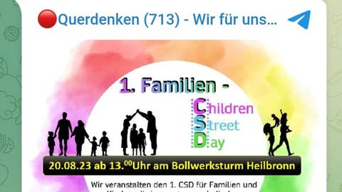 Veranstaltungsflyer "CSD" Querdenken 713 aus dem öffentlichen Telegram-Infokanal (Foto: https://querdenken-713.de/)
