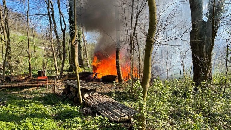 Wohnwagen in einem Waldstück brennt