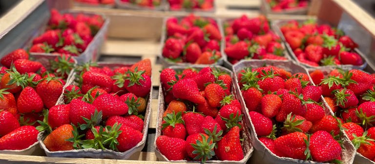 Schalen mit Erdbeeren in einem Hofladen. (Foto: SWR)