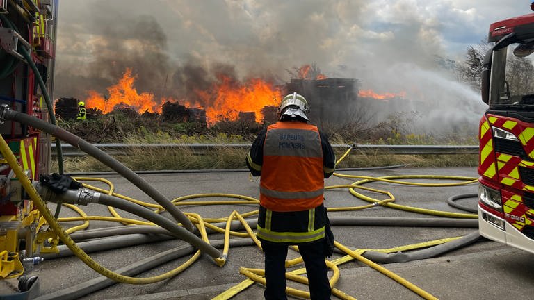 Feuerwehrmann im Einsatz bei einem Großbrand in einem Sägewerk im Elsass (Foto: SWR, SWR)